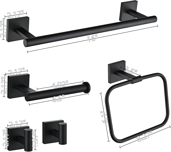 16" Matte Black Bathroom Hardware Accessories Set 5-Piece for RV Camper, SUS304 Stainless Steel Rustproof Towel Bar Kit, Durable Powder Coated Finish with 2 Robe Hooks (Matte Black)