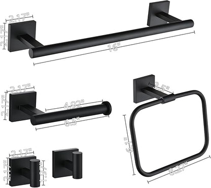 16" Matte Black Bathroom Hardware Accessories Set 5-Piece for RV Camper, SUS304 Stainless Steel Rustproof Towel Bar Kit, Durable Powder Coated Finish with 2 Robe Hooks (Matte Black)