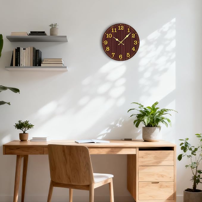 Wall Clock Battery Operated 8 Inch Brown Silent Non Ticking Country Rustic Design Vintage Retro Decorative for Bathroom Kitchen Bedroom