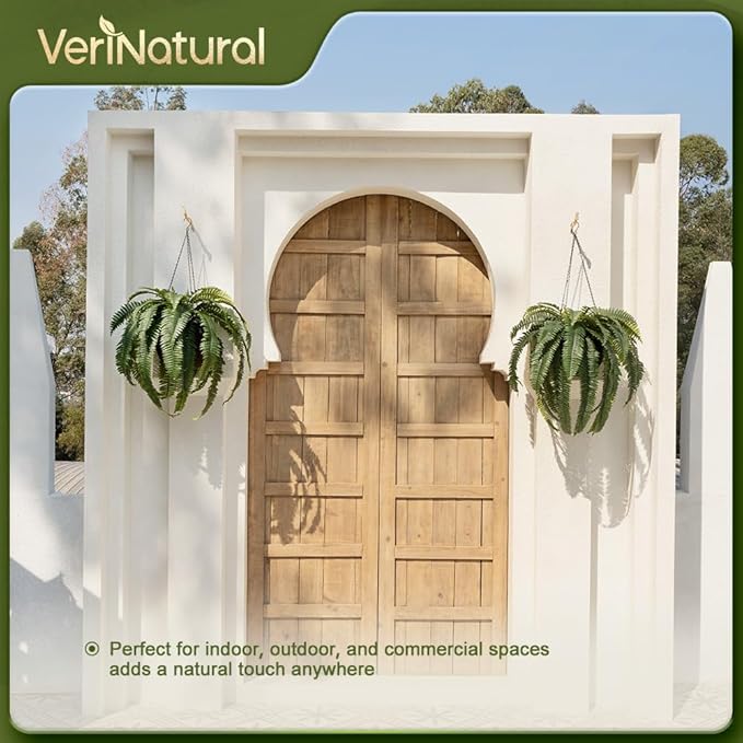 48" Artificial Boston Fern Hanging Plants with Basket - UV Resistant Fake Plant for Outdoor Indoor - Large Realistic Faux Greenery for Front Porch, Front Door, Patio Decor, Set of 1, VN142
