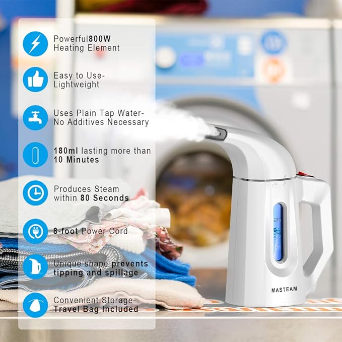 Handheld Steamer for Clothes Wrinkle Removes,Garment Steamer for Hat,1.5lbs Lightly,40s Fast Heat-up,8 FT Power Cord,800W, for Home and Travel with Automatic Shut-Off Safety Protection (White)