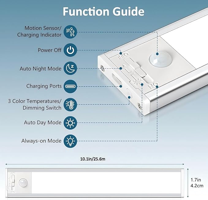 Ascher Under Cabinet Lights, Motion Sensor Light with 3 Colors, 2000mAh USB Rechargeable Closet Light, Magnetic Dimmable Under Counter Lights for Kitchen, Stairs, Wardrobe, Silver, Pack of 1