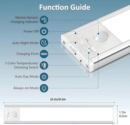 Ascher Under Cabinet Lights, Motion Sensor Light with 3 Colors, 2000mAh USB Rechargeable Closet Light, Magnetic Dimmable Under Counter Lights for Kitchen, Stairs, Wardrobe, Silver, Pack of 1