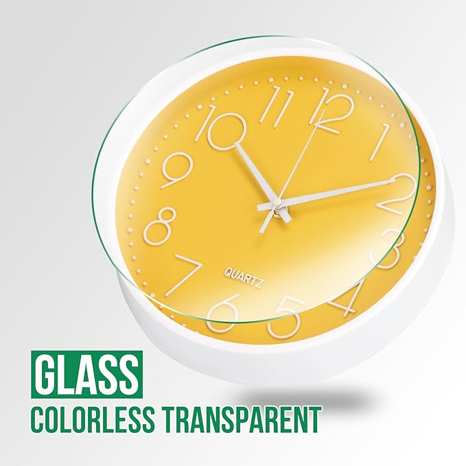 Wall Clock 10 Inch Non-Ticking Silent Modern Simple Style Round Decor Clock Yellow Stereoscopic Dial Quartz Wall Clocks for Home/Office/School/Living Room/Bedroom/Kitchen