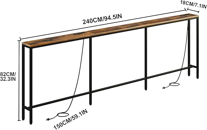 94.5" Behind Couch Table with 2 Fast Charging Stations, 7.1" Narrow Skinny Sofa Table with 4 Power Outlets, 4 USB-A, 2 USB-C for Console Entryway, Rustic Brown