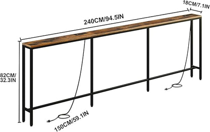94.5" Behind Couch Table with 2 Fast Charging Stations, 7.1" Narrow Skinny Sofa Table with 4 Power Outlets, 4 USB-A, 2 USB-C for Console Entryway, Rustic Brown