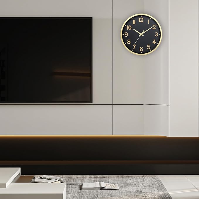 Wall Clocks Battery Operated 10 inch Modern Wall Clock,Silent Non Ticking Wall Clock for Living Room Bedroom Kitchen Office Classroom Decor (Black Gold)