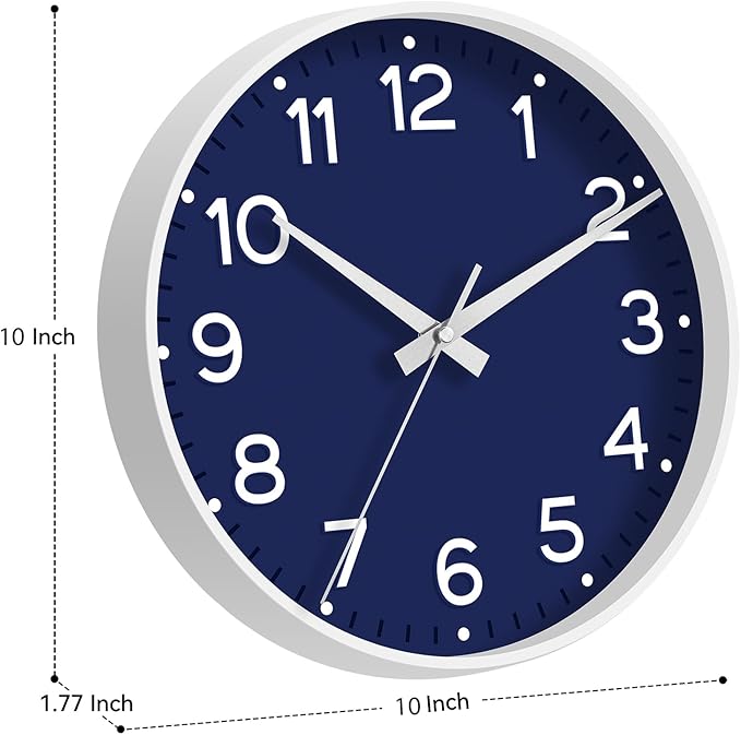 Wall Clock, 10 Inch Silent Wall Clocks Battery Operated-Modern Non Ticking Analog Clock Decorative for Kitchen Bedroom Office Bathroom(Navy Blue)