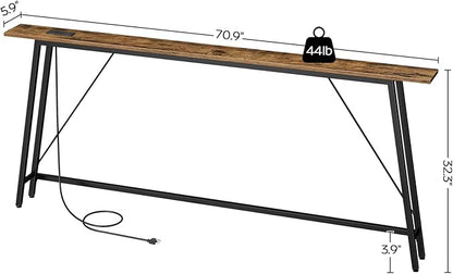 70.9" Couch Table Behind Sofa, Narrow Console Table with Outlet, Skinny Sofa Tables Narrow Long, Long Entryway Tables for Hallway, Entryway, Living Room, Rustic Brown and Black CT185UBR