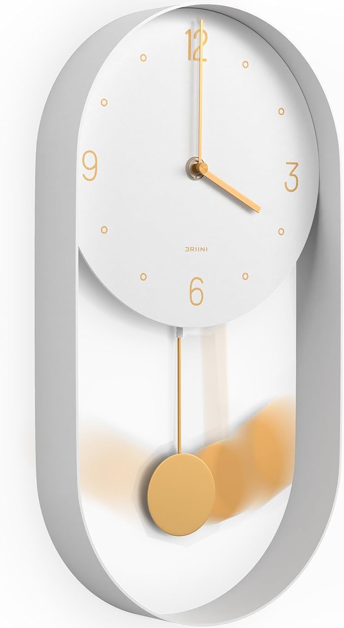 Driini Modern Pendulum Wall Clock - Decorative and Unique Metal Frame, with 8 Inch Face - Contemporary, Minimalist Design, with Silent Non Ticking Operation - Includes Both White and Gold Pendelum