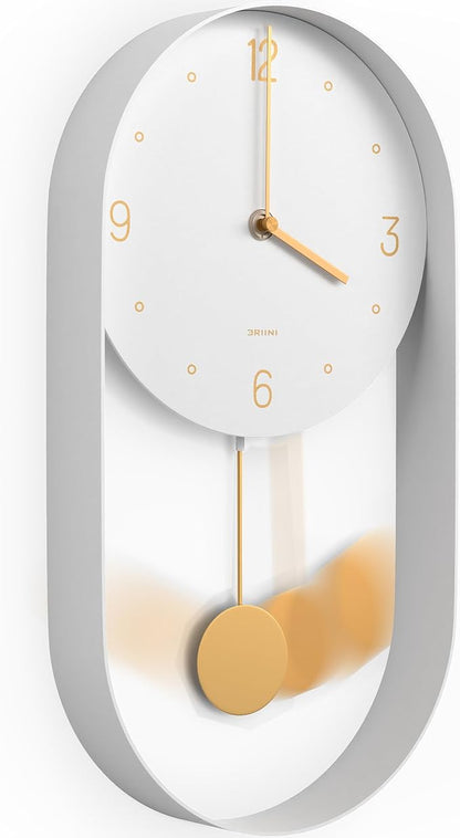 Driini Modern Pendulum Wall Clock - Decorative and Unique Metal Frame, with 8 Inch Face - Contemporary, Minimalist Design, with Silent Non Ticking Operation - Includes Both White and Gold Pendelum