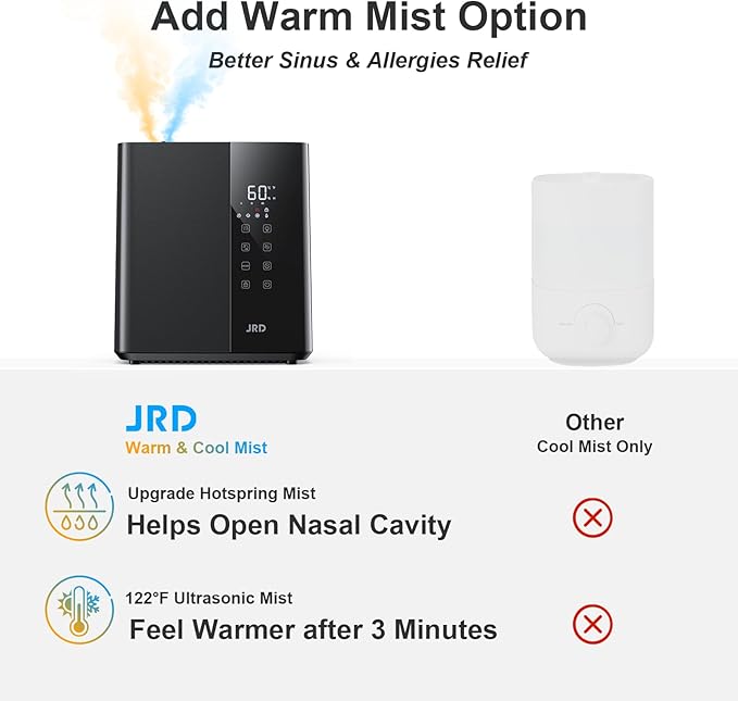 JRD Warm & Cool Mist Humidifiers for Bedroom 5L, Quiet Ultrasonic Air Humidifier Fast Symptom Relief, 50H Runtime, Oil Diffuser, 12H Timer, 7 Color Light for Large Room, Office, Baby, Plants-Black