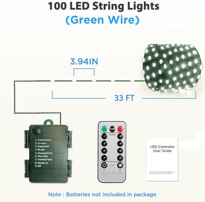 33ft Battery Operated String Lights (2 Pack), 100 LED Fairy String Lights Battery Powered w/Remote & Timer for Indoor Outdoor Christmas Trees Wreath Decoration Bedroom Patio - Cool White