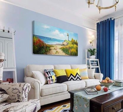 Acocifi Blue Coastal Wall Art Lighthouse Picture Nature Fall Landscape Ocean Beach Seascape Canvas Painting, Textured Artwork Large Framed for Living Room Bedroom Bathroom Office Home Decor 48"x24"