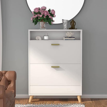 Shoe Storage Cabinets, Free Standing Shoe Organizer with 2 Flip Drawers for Entryway, Narrow 3 Tier Entryway Hidden Shoe Rack with Doors (Off White)