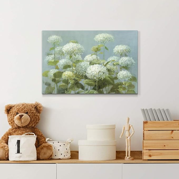 Wexford Home Home Decor Landscape Canvas Wall Art Abstract Floral Painting Modern Pictures Artwork Decoration for Living Room Kitchen Bathroom Office, Ready to Hang, White Hydrangea Garden, 18x27
