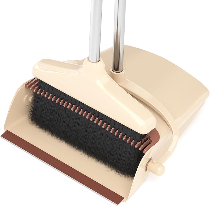 Broom with Dustpan Combo Set 54” Long Handle Household Dust Pan for Home Cleaning （Beige）