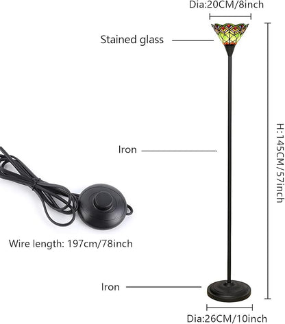 Tiffany Torchiere Floor Lamp Green Peacock Tail Style Stained Glass Floor Light Antique Tall Standing Lamp Handcrafted Pole Reading Uplight Lamp for Home Office Living Room