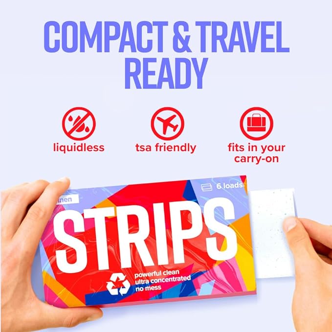 STRIPS Laundry Detergent Sheets Fresh Linen Travel Pack (3ct, 6 loads) Eco Liquidless Soap, Travel-Friendly, Dissolves in Hot & Cold, Hypoallergenic, Tackles Tough Stains & Odors