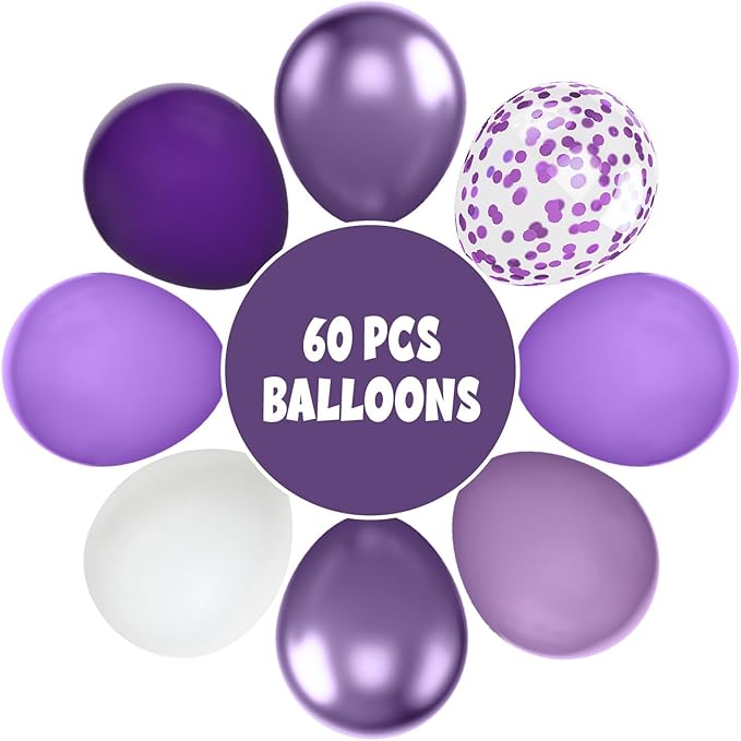 FunHot 60 Pcs Purple Balloons, 12 Inch Metallic Purple Confetti Balloons for Girls Women Birthday Wedding Bridal Baby Shower Party Decorations