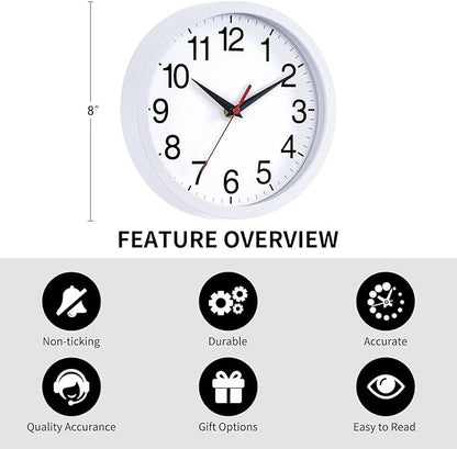 Wall Clock Modern 8 Inch Battery Operated Silent Non Ticking Small Analog Clock Decorative for Bedroom Kitchen Bathroom Office Home (White)