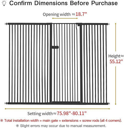 Lumizone Extra Tall Cat Gate 55.12" High Pressure Mounted Extra Wide 2025 New (17 Sizes) 1.37" Gap No Drilling Auto-Close One-Handed Operation Tall Pet Gate for Dogs(Black, 55.12" H x 75.98"-80.11" W)