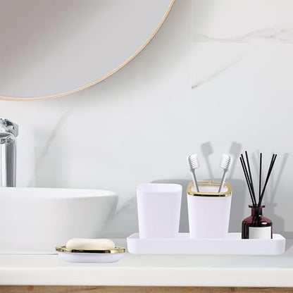 9Pcs Bathroom Accessories - White Bathroom Accessories Set with Trash Can, Soap Dispenser, Soap Dish, Toothbrush Holder, Toothbrush Cup, Toilet Brush Holder, Qtip Holders and Tray for Home