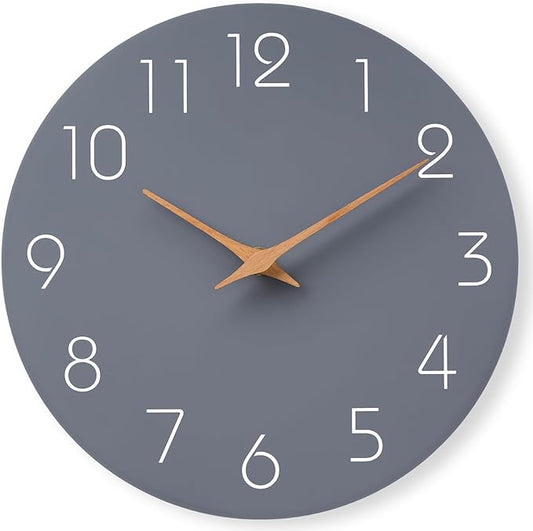 Mosewa Wall Clock 12 Inch Gray Silent Non Ticking Battery Operated Modern Simple Wooden Clock Decorative for Kitchen Home Bedroom Bathroom Office Living Room