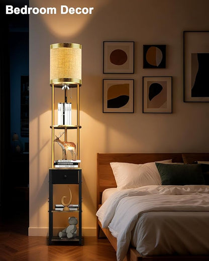 Lightdot 65IN Floor Lamps with Storage Table&Drawer, Corner Shelf Lamps with Black End Table and Fabric Lampshade, Modern Standing Tall Lamp for Living Room/Bedroom/Office(E26 LED Bulb Included)