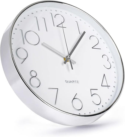 Wall Clock 12 Inch Non-Ticking Silent Modern Simple Style Round Decor Clock Silver Stereoscopic Dial Quartz Wall Clocks for Home/Office/School/Living Room/Bedroom/Kitchen
