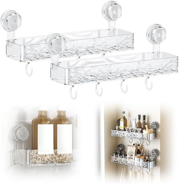 Corrugated Suction Cup Storage Holder, 2026 New Movable Shower Shelf Suction Cup,Shower Caddy Large Capacity Bathroom Organizer,No-Drill Wall-Mounted Storage Shelf (2PCS Clear)