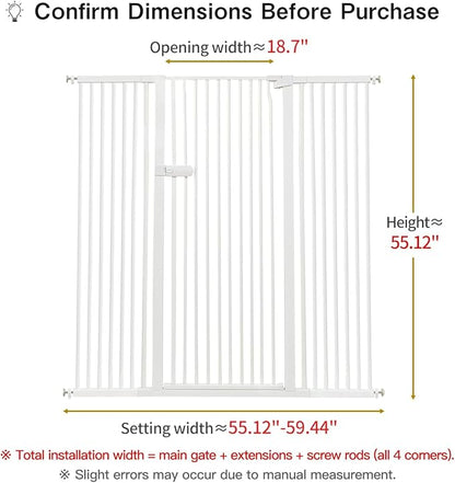 Lumizone Extra Tall Cat Gate 55.12" High Pressure Mounted Extra Wide 2025 New (17 Sizes) 1.37" Gap No Drilling Auto-Close One-Handed Operation Tall Pet Gate for Dogs(White, 55.12" H x 55.12"-59.44" W)