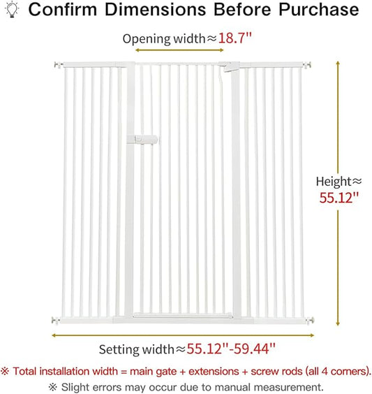 Lumizone Extra Tall Cat Gate 55.12" High Pressure Mounted Extra Wide 2025 New (17 Sizes) 1.37" Gap No Drilling Auto-Close One-Handed Operation Tall Pet Gate for Dogs(White, 55.12" H x 55.12"-59.44" W)
