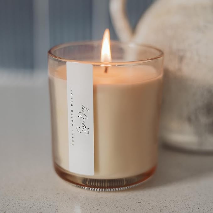 Sweet Water Decor Spa Day Scented Soy Candles – Sea Salt, Jasmine, Wood, Cream – Cozy Vacation Aroma – 50 Hour Burn – 12oz Tinted Glass Jar for Home Decor and Bedroom Decor