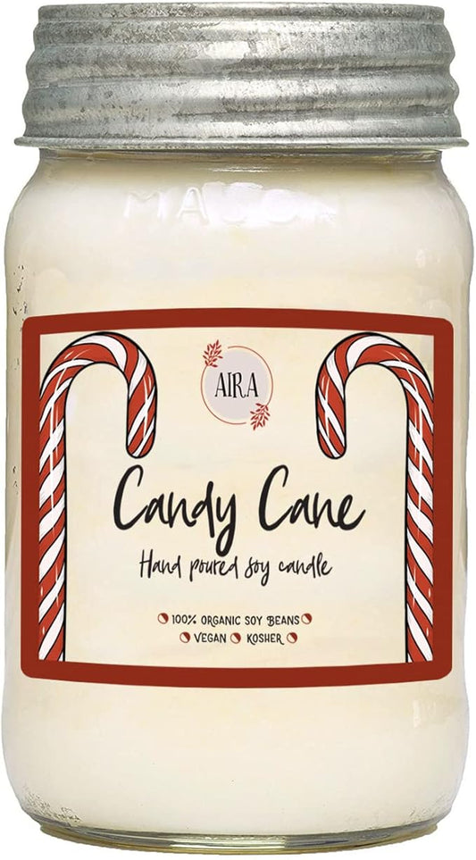 Aira Soy Christmas Candles - Organic, Kosher, Vegan, in Mason Jar w/Essential Oil Blends - Hand-Poured 100% Soy Candle Wax - Paraffin Free, Burns 110+ Hours - Peppermint Candy Cane - 16 Ounces