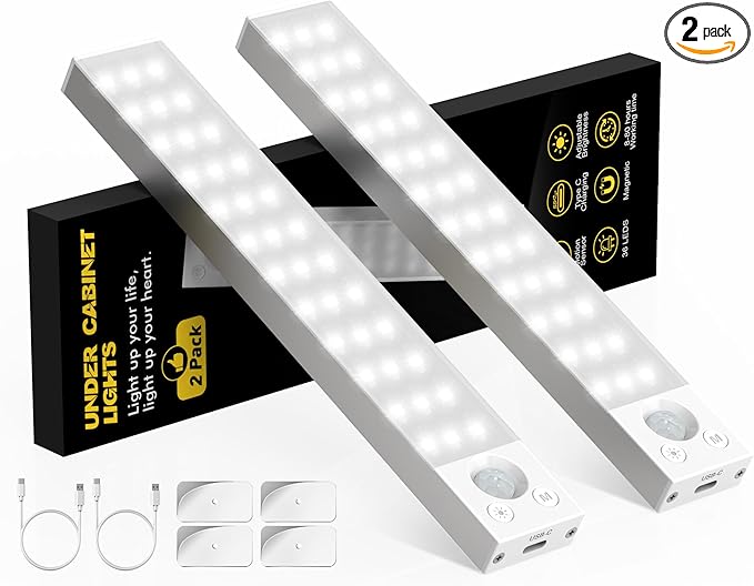 Under Cabinet Lighting 1800mAh Long Battery Life,2 Pack Dimmable Motion Sensor Light Indoor,USB C Rechargeable Under Cabinet Lights Wireless,Under Counter Lights for Kitchen Drawers, Wardrobe, Stair