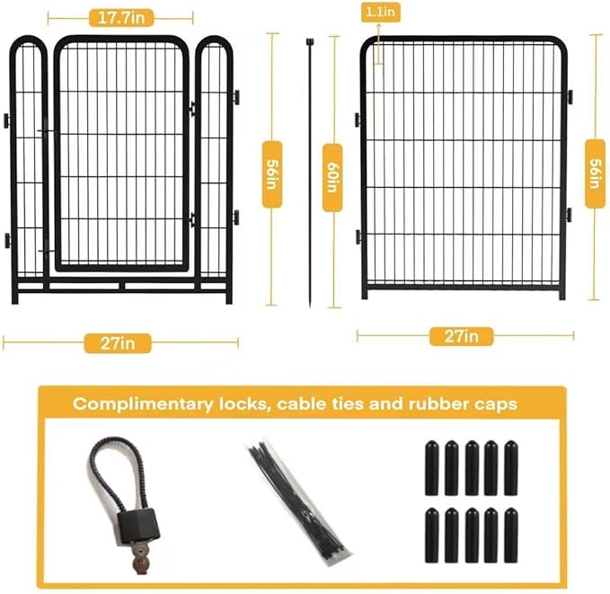 56 in(H) Decorative Garden Fence Panels, Wide Door Low Threshold, Dog Fence Outdoor for Yard. 10 Panels Total 22.1 Ft(L)，No Dig Fencing for Dogs, Black