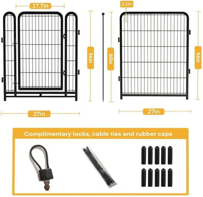 56 in(H) Decorative Garden Fence Panels, Wide Door Low Threshold, Dog Fence Outdoor for Yard. 10 Panels Total 22.1 Ft(L)，No Dig Fencing for Dogs, Black