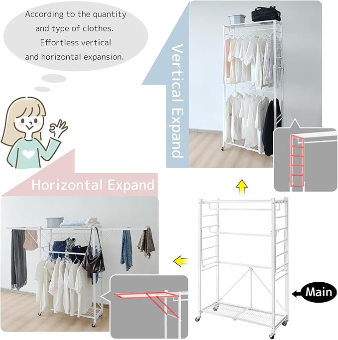 lumizone Folding Clothing Rack with Wheels Expandable Wardrobe Portable Clothes Rack for Hanging Clothes Adjustable Closet Shelves Garment Rack Durable Closet Racks for Hanging Clothes (Pro White)