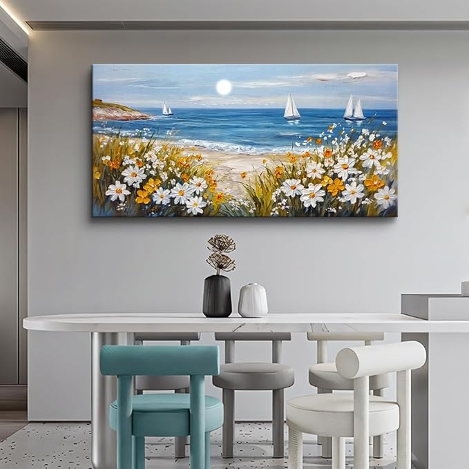 KELIYUAN Wall Art For Dining Room Kitchen Blue Ocean Beach Art Pictures Living Room Decor Vintage Landscape Painting Modern Canvas Print Suitable For Bedroom Office Farmhouse Wall Decor 24x48 In