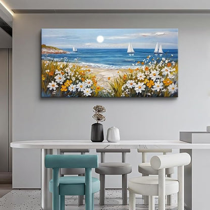 KELIYUAN Wall Art For Dining Room Kitchen Blue Ocean Beach Art Pictures Living Room Decor Vintage Landscape Painting Modern Canvas Print Suitable For Bedroom Office Farmhouse Wall Decor 24x48 In
