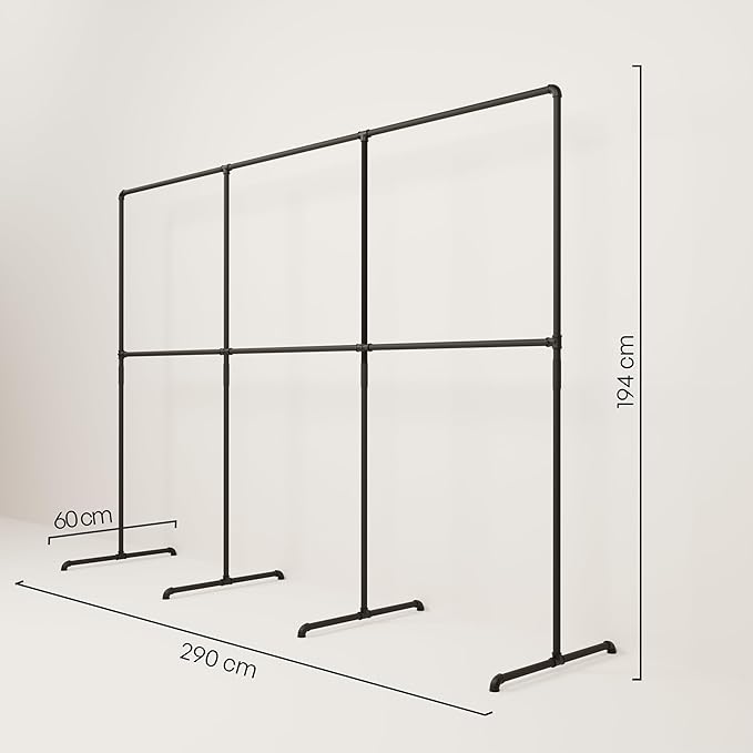 pamo Industrial Design garment rack - LAS 3 Black - freestanding Coat Rack for Walk-In Wardrobe Wall I Clothes Rack Made of Black Sturdy Pipes freestanding from Water Pipe