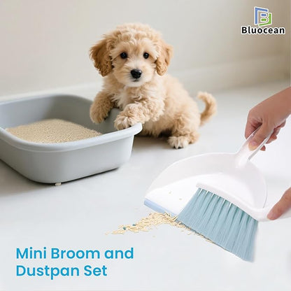Mini Broom and Dustpan, Plus an Adhesive Hook Set, 7" Dustpan Opening, Bristles for Hair and Small Debris, Mini Portable Hand Brush for Pet, Sofa, Desk, Kitchen (White & Seafoam Blue)