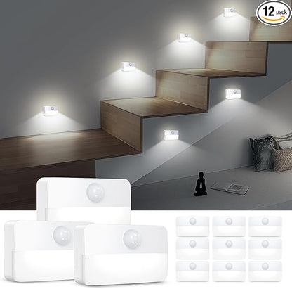 AMIR Motion Sensor Stair Lights for Indoor, 12 Pack Battery-Operated LED Night Light, 40 Lumen 6500K, Cordless Closet Light, Tap Light, Safe Lights for Stairs, Hallway, Bathroom, Cabinet, Kitchen