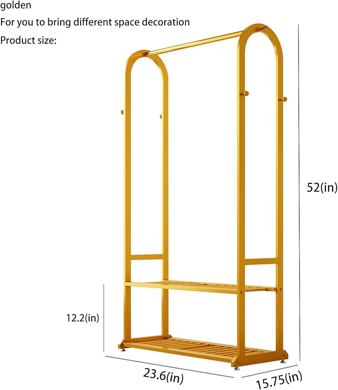 Sturdy heavy duty clothes rack,gold clothing rack with bottom shelves and 6 side hooks,Metal garment rack for hanging clothes for Bedroom
