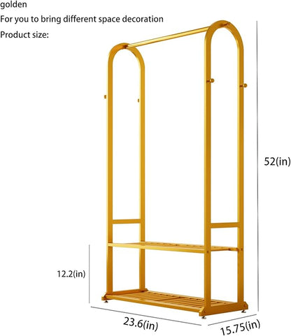 Sturdy heavy duty clothes rack,gold clothing rack with bottom shelves and 6 side hooks,Metal garment rack for hanging clothes for Bedroom