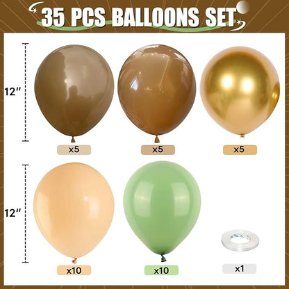 Sage Green and Brown Balloons, 12 Inch Olive Green Brown and Gold Jungle Safari Balloons for Baby Shower Camo Army Woodland Forest Hunting Wild One Birthday Party Decorations