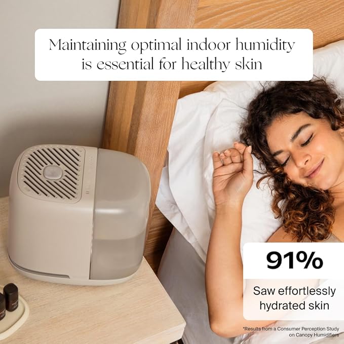 Canopy Bedside Humidifier 2.0, White, 36 HR Run Time, 2.5L Capacity - Reading Light & White Noise - Alleviate Symptoms of Allergies, Flu, Cold, Dry Skin - Humidifier, Filter, Power Cord & Adapter