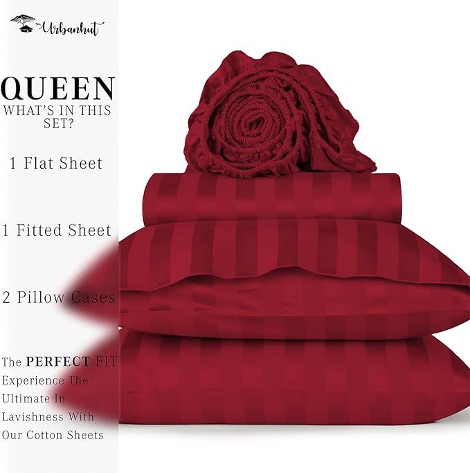 URBANHUT 800 Thread Count Egyptian Cotton Damask Striped Queen Size Sheets Set (4 Pc) - Ultra Soft & Smooth, Sateen Weave Queen Size Sheets, Luxury Hotel Sheets with 16" Deep Pocket - Burgundy