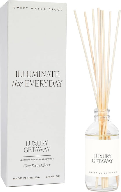Sweet Water Decor Luxury Getaway Reed Diffuser Set - Room Diffuser with Leather, Amber & Musk Scent - Reed Diffuser for Bathroom Lasts for 4 Months - Home Diffuser with Premium Fragrance Oils